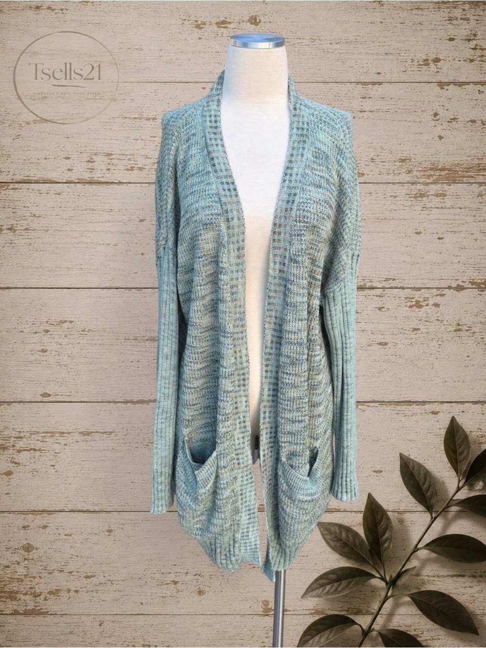 Knox Rose Teal Marled Knit Open Front Cardigan with Pockets - Size L